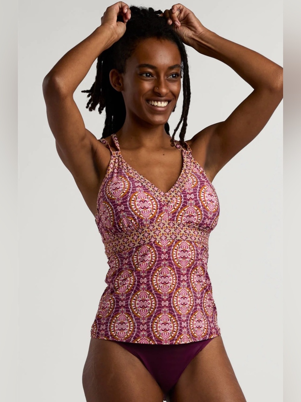 NWT Title Nine Siren Tankini Strappy Top Bali Rich Fig Print Medium D / DD Cup